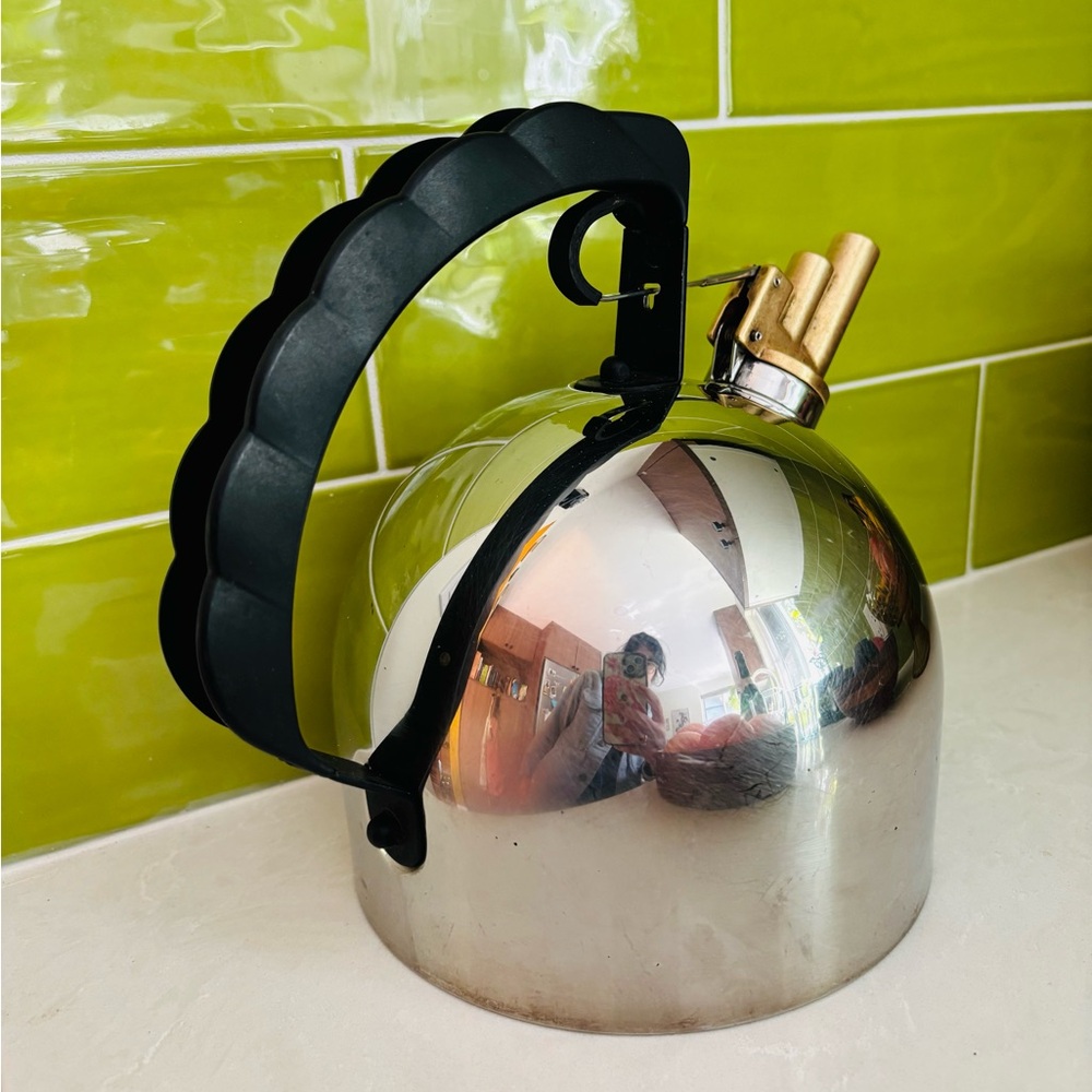 Alessi 9091 stainless steel kettle with brass double barrel spout +copper bottom - Picture 6 of 10